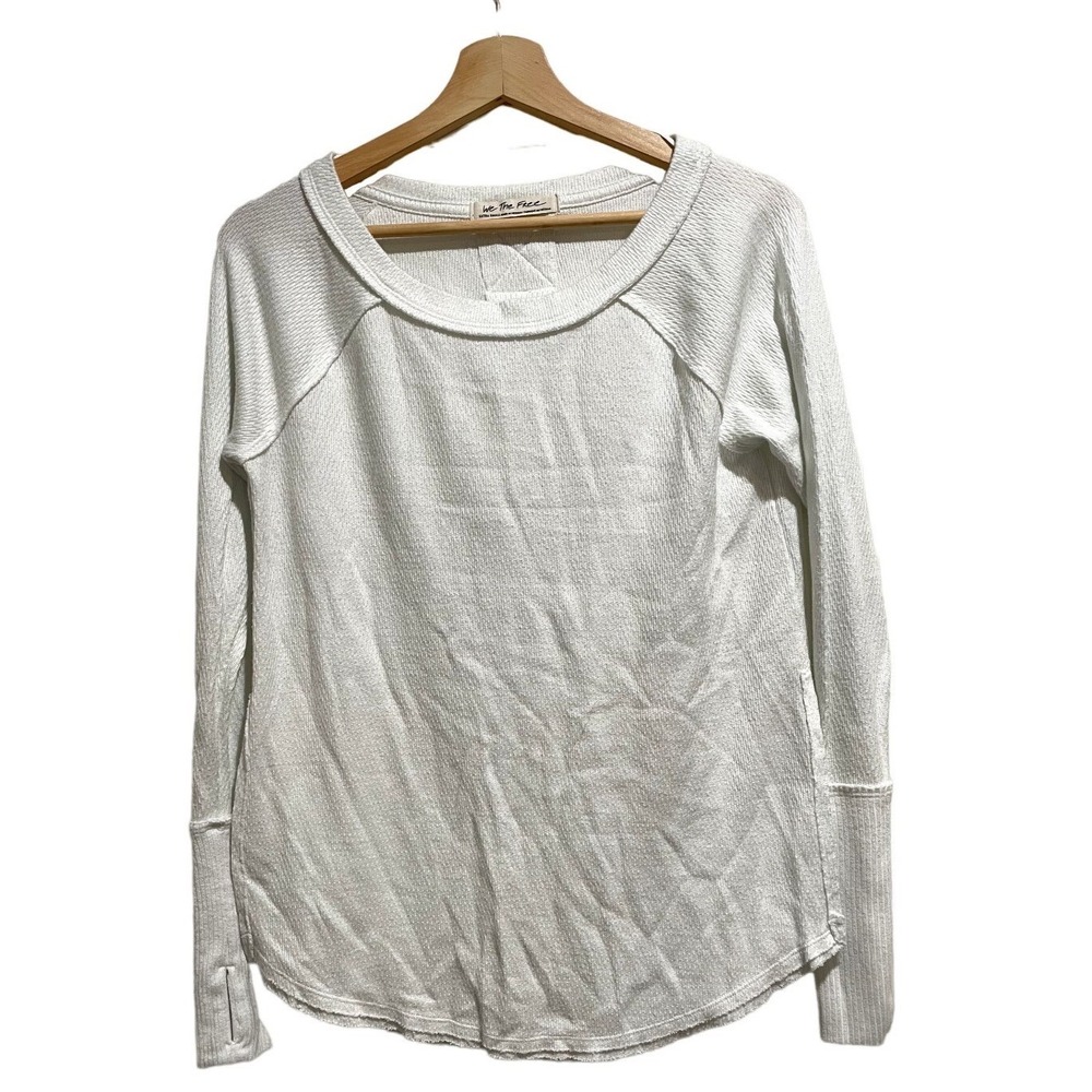 We The Free Free People‎ White Waffle Knit Thermal Thumbhole Top XS Boho G1